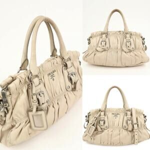 💎✨Authentic✨💎PRADA Nappa Leather Gathered 2Way Tote Shoulder Bag Beige